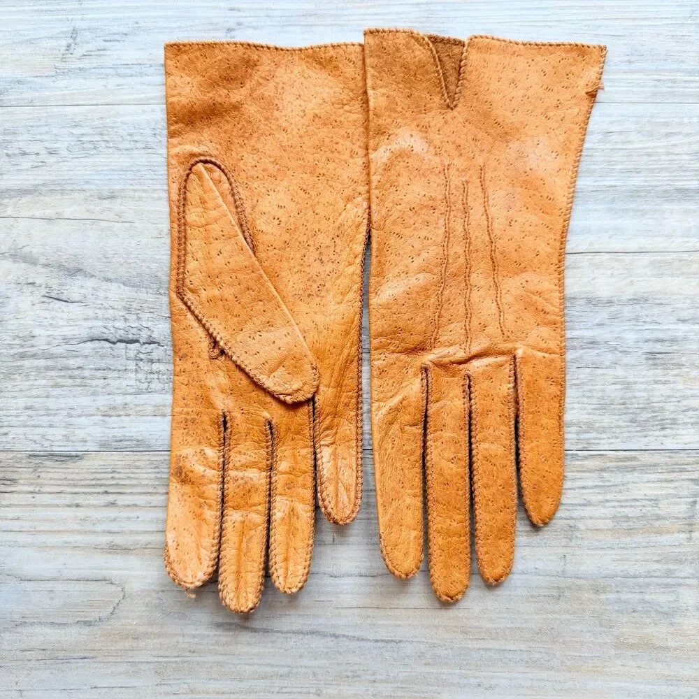 Vintage Peccary Leather Gloves Tan Soft Driving Dress Unlined Classic Pigskin